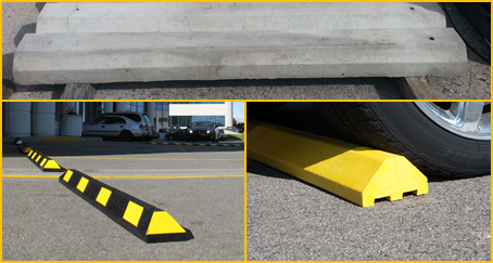 Photo of concrete, rubber, and plastic parking blocks